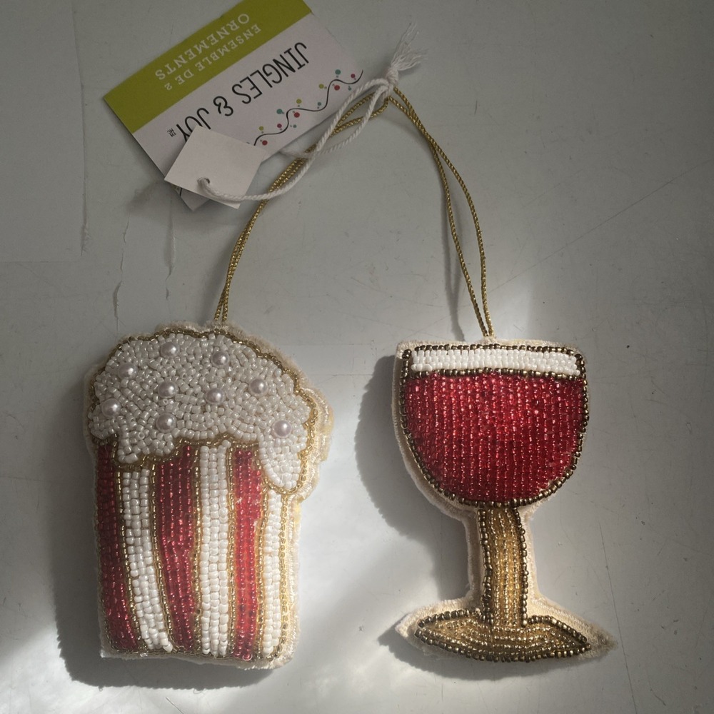 Jingles & Joy Beaded Wine & Champagne & Popcorn Bucket Lot of 2 Ornament